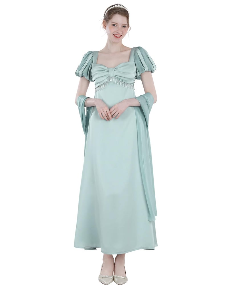 FCCAM FCCAM FCCAM Regency Dresses for Women Blue Regency Costume 1800s Victorian Dress Ball Gown with Shawl XL - Image 2