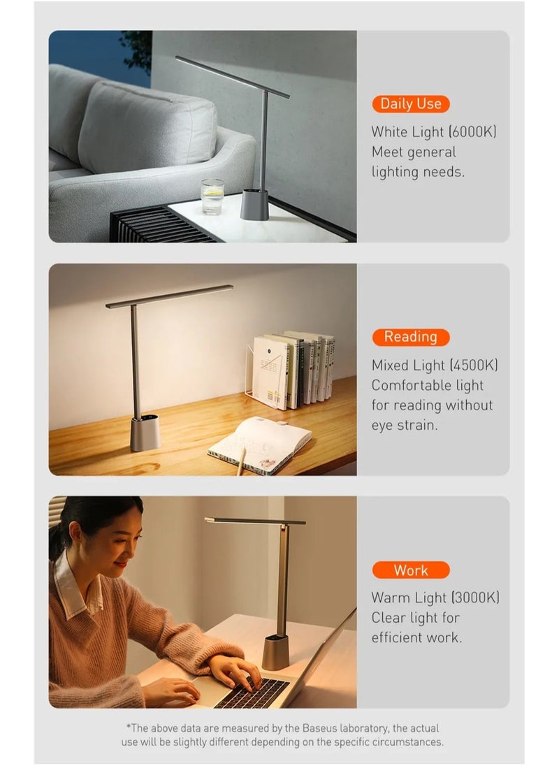 Baseus - Smart LED Desk Lamp Rechargeable, Adjustable Brightness & Color Temperature, 47" Wide Illumination, 250 Lumens, 5W, 3 Color Modes, Touch Control, Eye-Caring & Flicker-Free, Portable & Dimmable, Energy Efficient, Modern Design for Home Office, Study, Reading, USB Powered (Dark Grey) - Image 1
