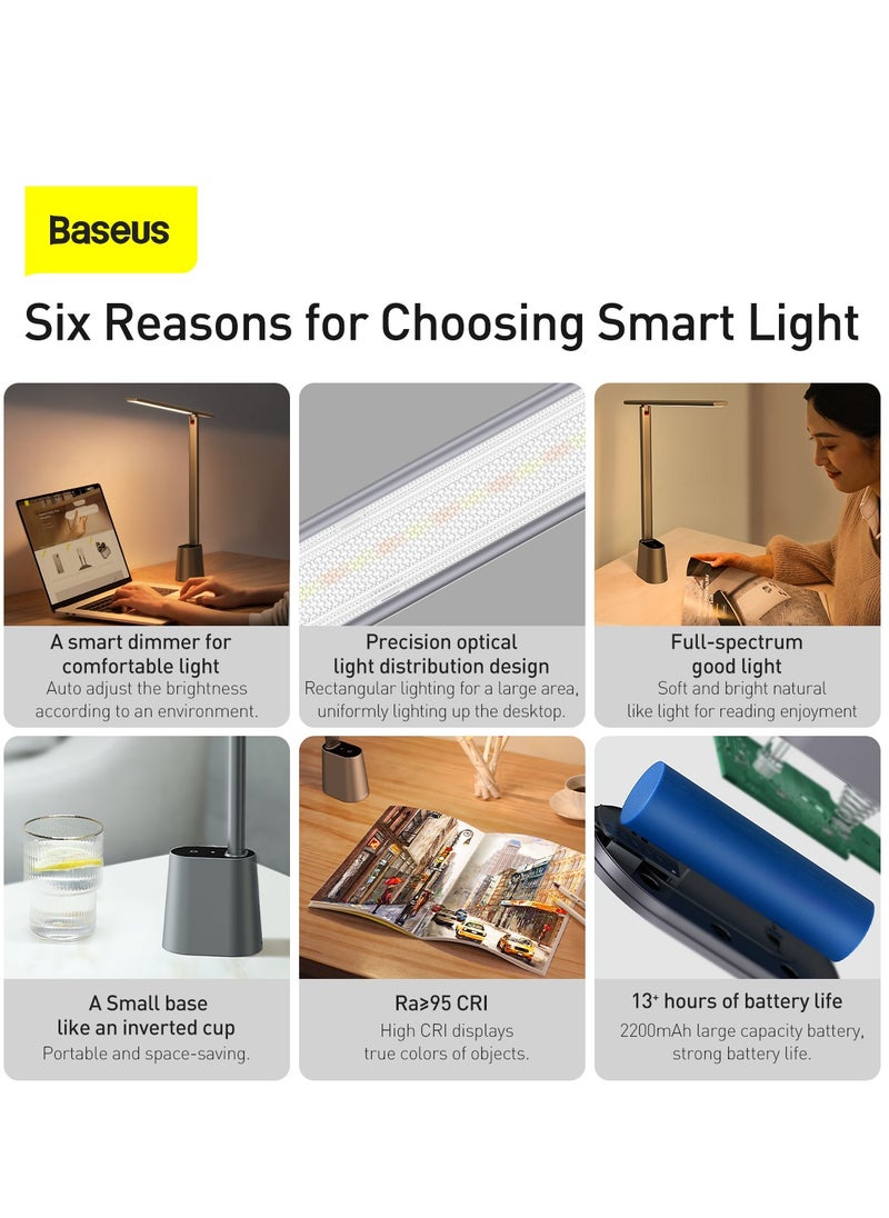 Baseus - Smart LED Desk Lamp Rechargeable, Adjustable Brightness & Color Temperature, 47" Wide Illumination, 250 Lumens, 5W, 3 Color Modes, Touch Control, Eye-Caring & Flicker-Free, Portable & Dimmable, Energy Efficient, Modern Design for Home Office, Study, Reading, USB Powered (Dark Grey) - Image 1