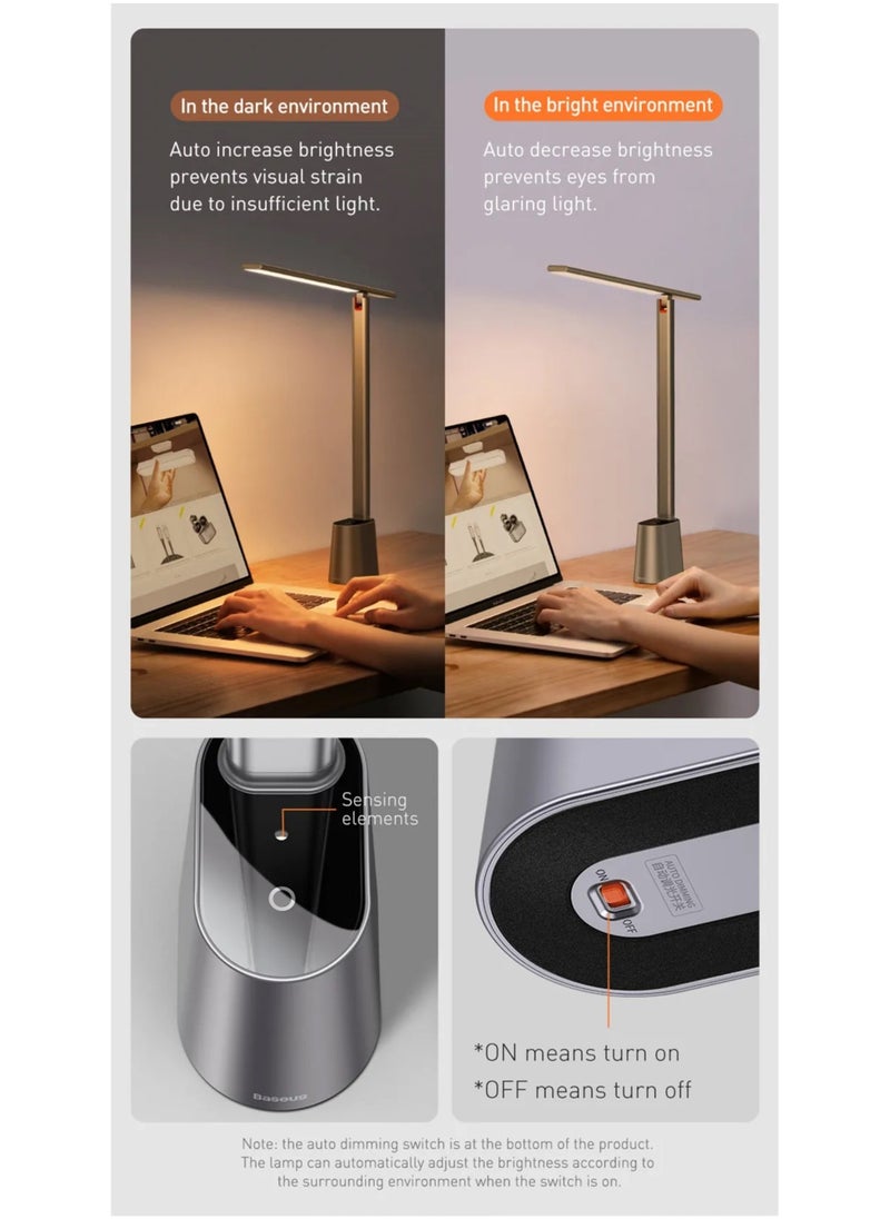 Baseus - Smart LED Desk Lamp Rechargeable, Adjustable Brightness & Color Temperature, 47" Wide Illumination, 250 Lumens, 5W, 3 Color Modes, Touch Control, Eye-Caring & Flicker-Free, Portable & Dimmable, Energy Efficient, Modern Design for Home Office, Study, Reading, USB Powered (Dark Grey) - Image 1