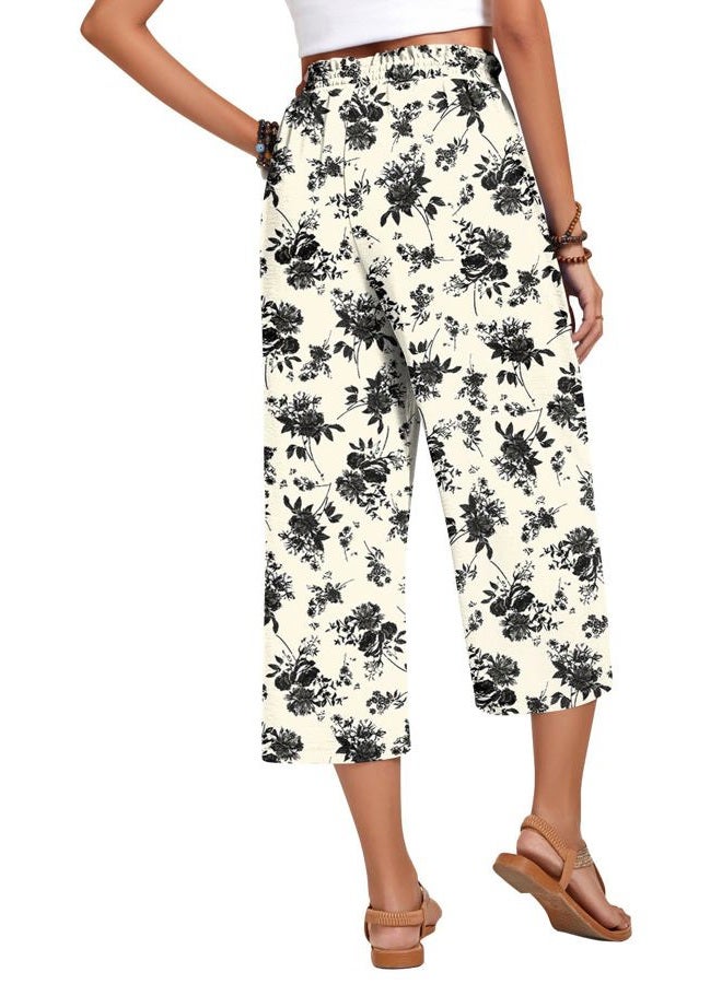 Anyhold Womens Capri Pants Loose High Waisted Wide Leg Lounge Pants Drawstring Casual Palazzo Trousers with Pockets, Black Flower White, 3XL - Image 4