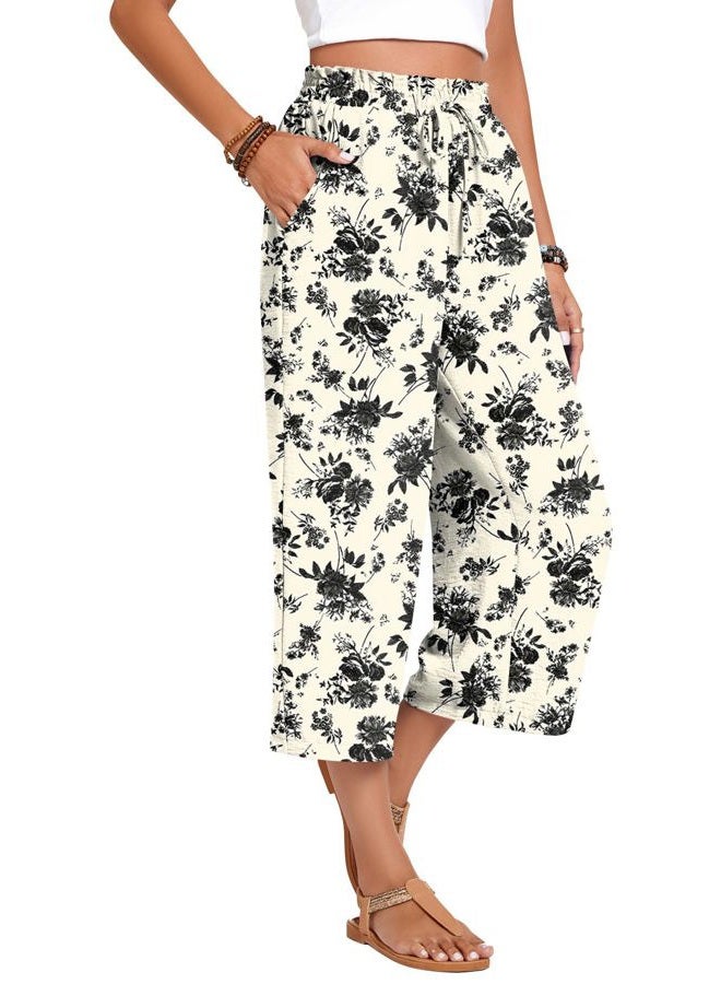 Anyhold Womens Capri Pants Loose High Waisted Wide Leg Lounge Pants Drawstring Casual Palazzo Trousers with Pockets, Black Flower White, 3XL - Image 3