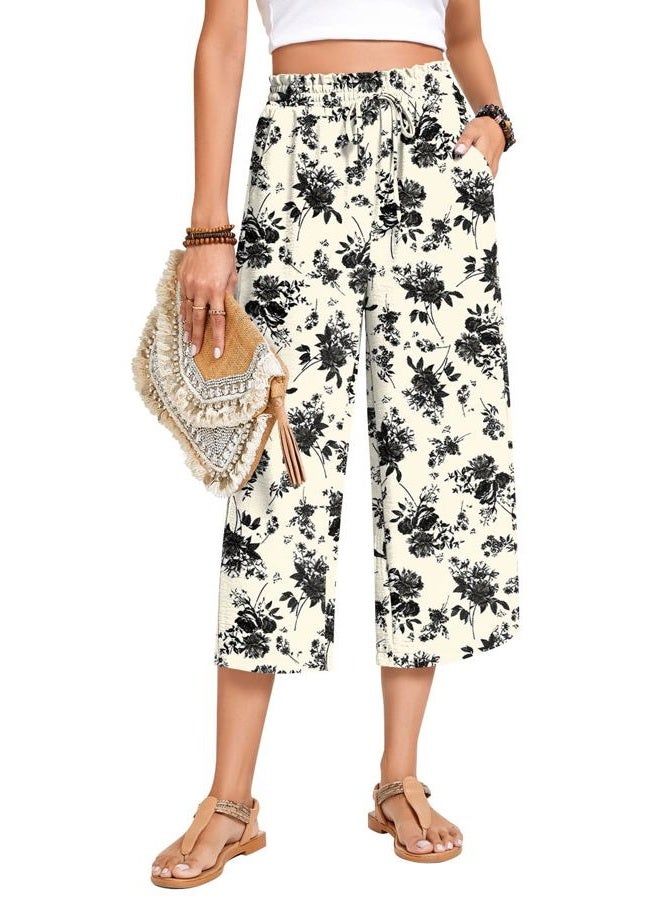 Anyhold Womens Capri Pants Loose High Waisted Wide Leg Lounge Pants Drawstring Casual Palazzo Trousers with Pockets, Black Flower White, 3XL - Image 2