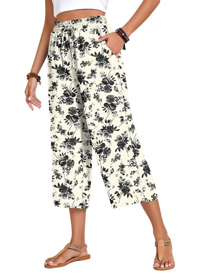 Anyhold Womens Capri Pants Loose High Waisted Wide Leg Lounge Pants Drawstring Casual Palazzo Trousers with Pockets, Black Flower White, 3XL - Image 1