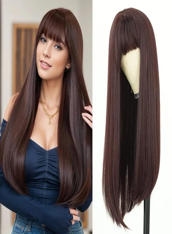 Assu Long Straight Dark Brown Synthetic Wigs with Bangs for Women | Natural Look Wig for Party, Cosplay & Daily Use | Comfortable Wig Cap | Cosplay Accessory with Secure Fit - Image 4