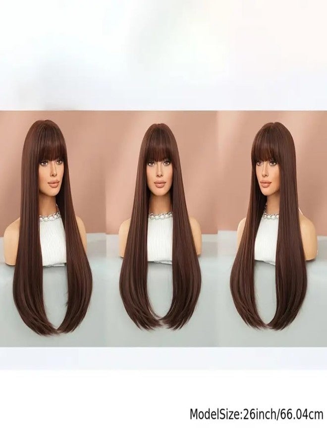 Assu Long Straight Dark Brown Synthetic Wigs with Bangs for Women | Natural Look Wig for Party, Cosplay & Daily Use | Comfortable Wig Cap | Cosplay Accessory with Secure Fit - Image 2
