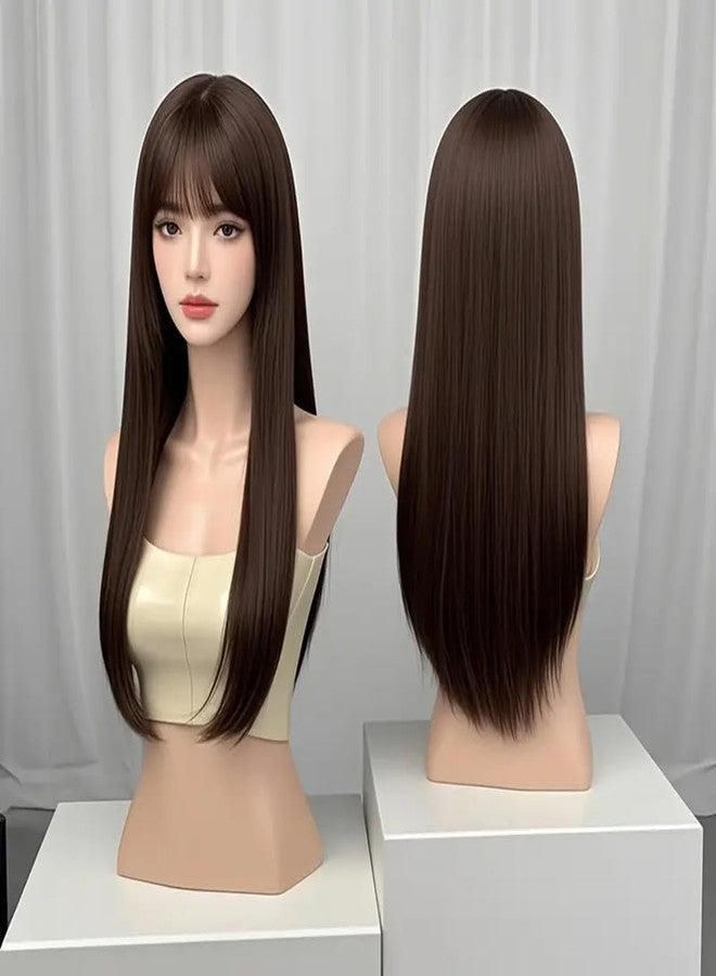 Assu Long Straight Dark Brown Synthetic Wigs with Bangs for Women | Natural Look Wig for Party, Cosplay & Daily Use | Comfortable Wig Cap | Cosplay Accessory with Secure Fit - Image 1