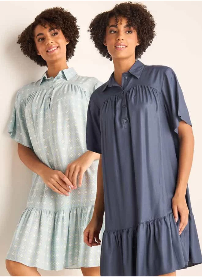 فاف Set of 2 - Assorted Night Dress with Collar and Short Sleeves
