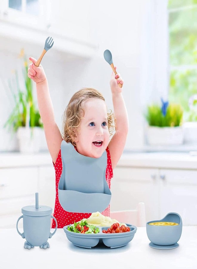 BIYALI Baby Feeding Set–6pc Silicone Baby Cutlery Set for Baby 6+ Months–Baby Suction Plate &Spoon Cutlery Set–Silicone bib & Bowl Baby Dining Set–Dishwasher Safe–Toddler Essentials (Sky Blue) - Image 5