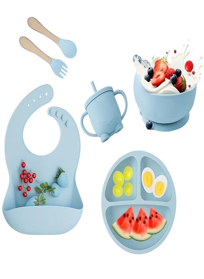 BIYALI Baby Feeding Set–6pc Silicone Baby Cutlery Set for Baby 6+ Months–Baby Suction Plate &Spoon Cutlery Set–Silicone bib & Bowl Baby Dining Set–Dishwasher Safe–Toddler Essentials (Sky Blue) - Image 1