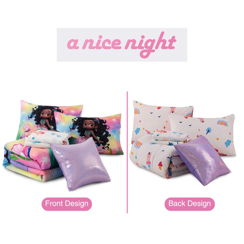 A Nice Night 6pcs Comforter Set,Black Girl Princess Mermaid with Green Tail Printed,Pink Gradient Glitter Rainbow Background Kids Bedding Set,Twin - Image 5