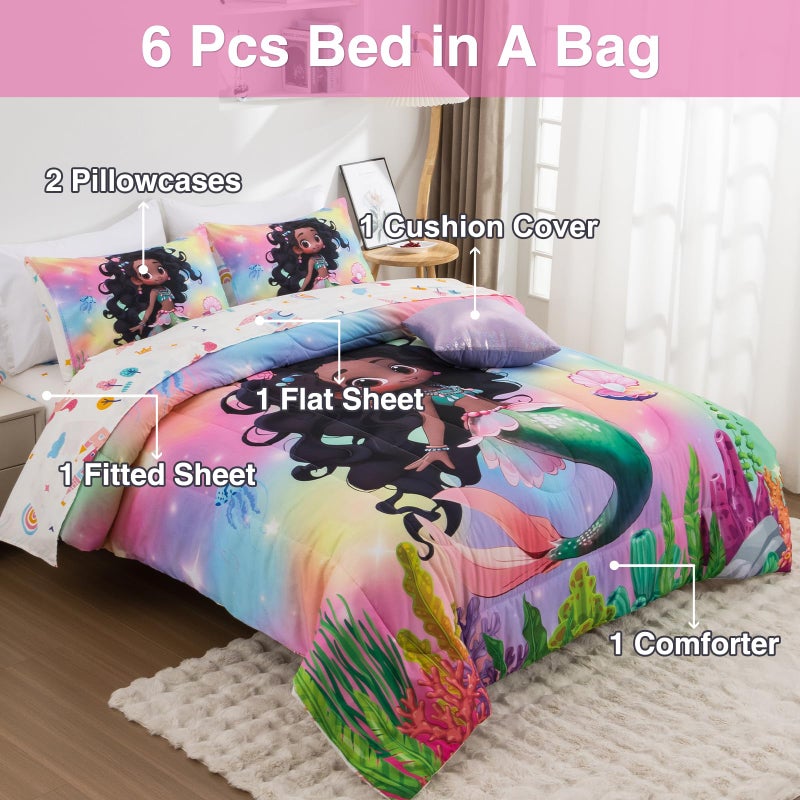 A Nice Night 6pcs Comforter Set,Black Girl Princess Mermaid with Green Tail Printed,Pink Gradient Glitter Rainbow Background Kids Bedding Set,Twin - Image 4