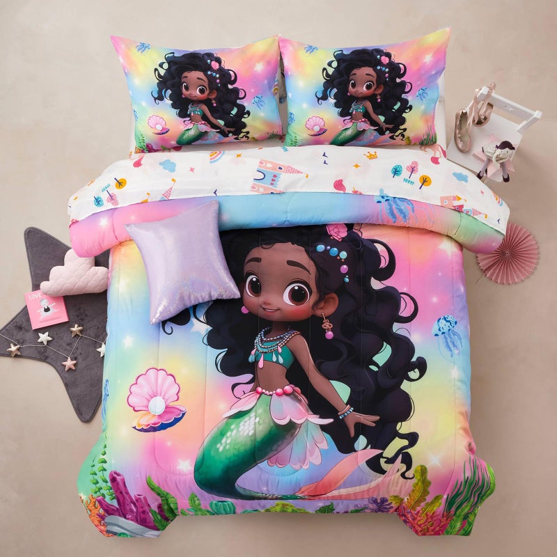 A Nice Night 6pcs Comforter Set,Black Girl Princess Mermaid with Green Tail Printed,Pink Gradient Glitter Rainbow Background Kids Bedding Set,Twin - Image 1