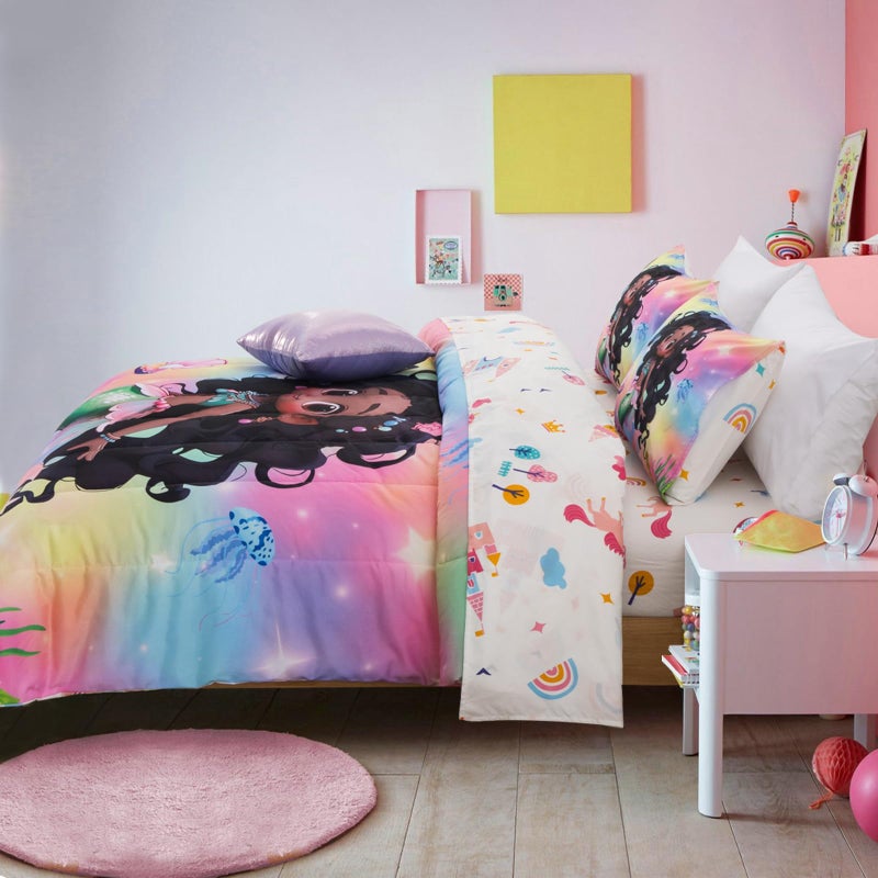 A Nice Night 6pcs Comforter Set,Black Girl Princess Mermaid with Green Tail Printed,Pink Gradient Glitter Rainbow Background Kids Bedding Set,Twin - Image 2