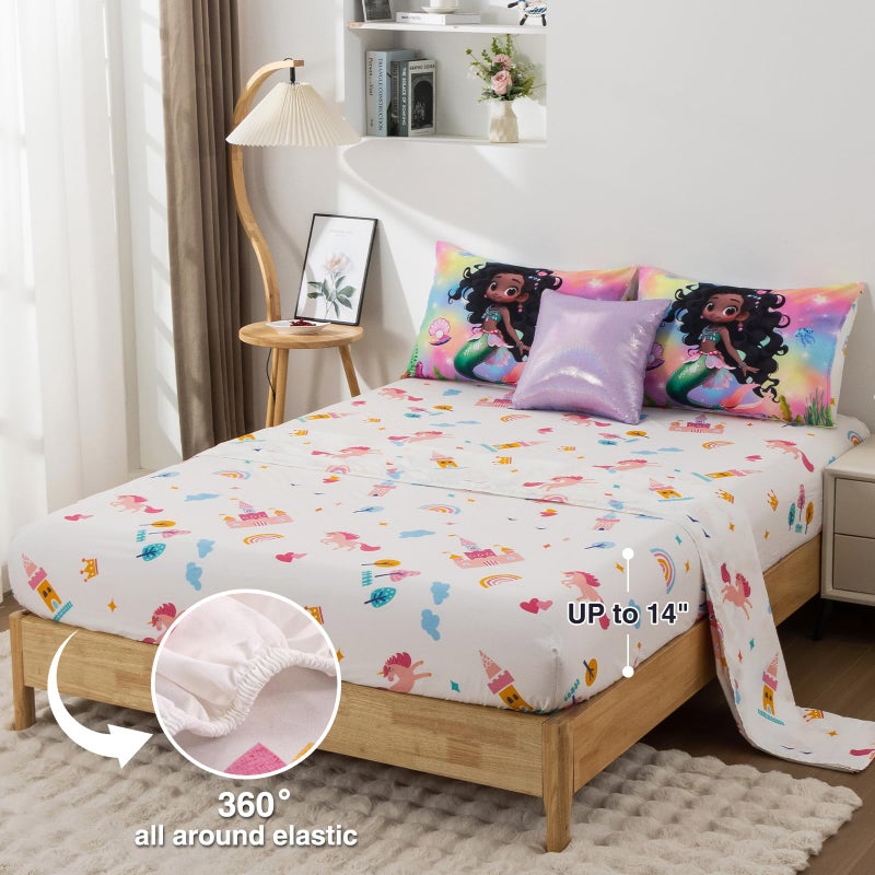 A Nice Night 6pcs Comforter Set,Black Girl Princess Mermaid with Green Tail Printed,Pink Gradient Glitter Rainbow Background Kids Bedding Set,Twin - Image 3