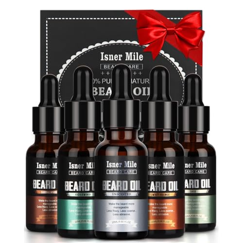 ISNER MILE Beard Oil Kit for Men Conditioner Cedarwood Sandalwood Sage Orange Unscented Mustaches Soften Moisturizing Valentines Gifts for Him Husband Fathers Birthday Gifts for Dad Men Boyfriend