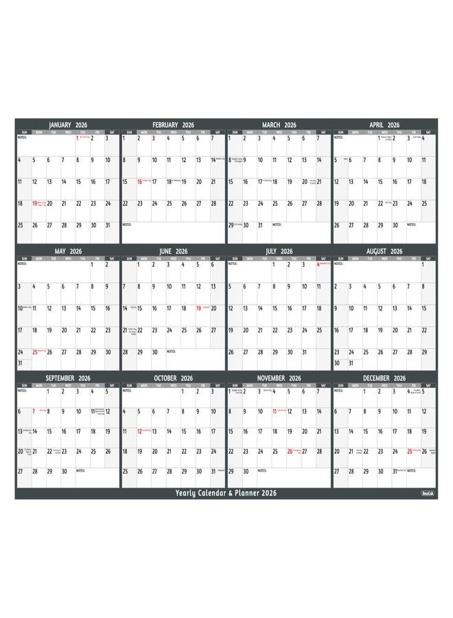 BowCuk 2026 Yearly Wall Calendar - Large Yearly Calendar 2026, Jan 2026 - Dec 2026, 38.2" x 25.2" (Open), Large Wall Calendar 2026, Full Year Paper Calendar with Notes, Thicker Paper, Stickers, Grey - Image 1