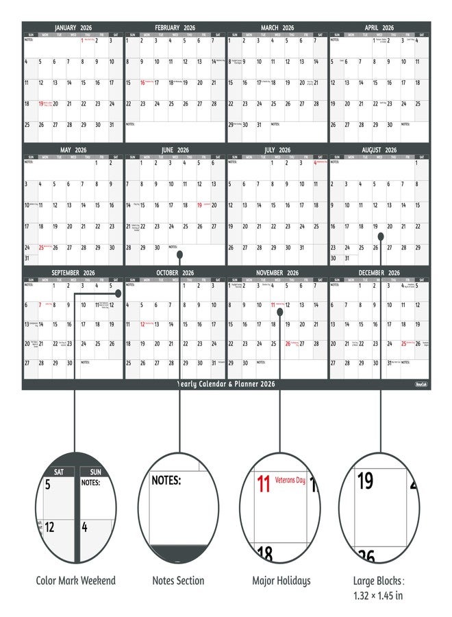BowCuk 2026 Yearly Wall Calendar - Large Yearly Calendar 2026, Jan 2026 - Dec 2026, 38.2" x 25.2" (Open), Large Wall Calendar 2026, Full Year Paper Calendar with Notes, Thicker Paper, Stickers, Grey - Image 5
