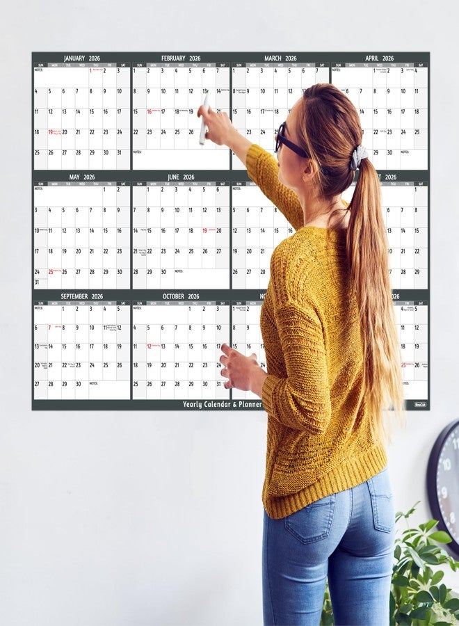 BowCuk 2026 Yearly Wall Calendar - Large Yearly Calendar 2026, Jan 2026 - Dec 2026, 38.2" x 25.2" (Open), Large Wall Calendar 2026, Full Year Paper Calendar with Notes, Thicker Paper, Stickers, Grey - Image 2
