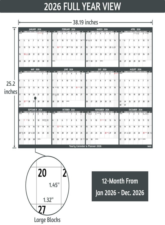 BowCuk 2026 Yearly Wall Calendar - Large Yearly Calendar 2026, Jan 2026 - Dec 2026, 38.2" x 25.2" (Open), Large Wall Calendar 2026, Full Year Paper Calendar with Notes, Thicker Paper, Stickers, Grey - Image 3