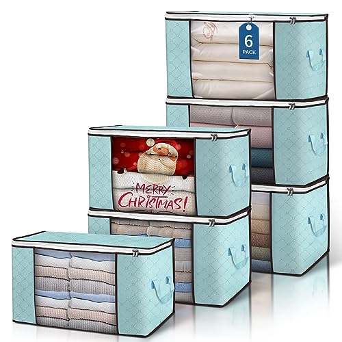 Budding Joy 90 L Large Storage Bags, 6 Pack Clothes Storage Bins Foldable Closet Organizer Storage Containers Storage and Organization for Clothes, Blanket, Comforters, Bed Sheets, Pillows (Blue) - Image 1