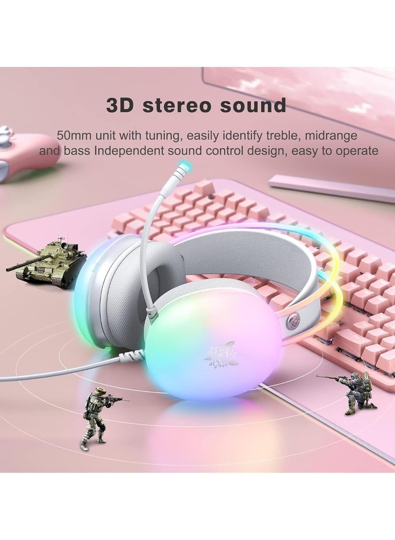 أونيكوما سماعة الألعاب الاحترافية Onikuma X25 – سماعة رأس فوق الأذن سلكية USB + 3.5 ملم بإضاءة RGB وصوت ثلاثي الأبعاد مع ميكروفون لإلغاء الضوضاء – متوافقة مع PS4/PS5/Xbox/Mac/لابتوب – أبيض - Image 3