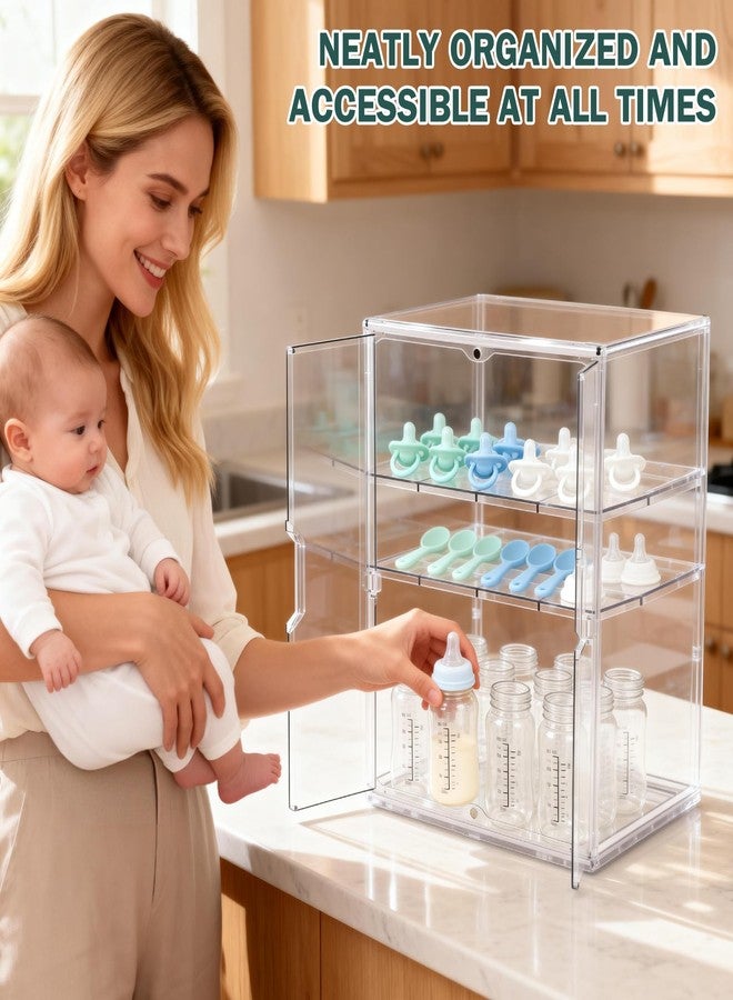 RISICULIS Baby Bottle Organizer, 3-Tier Bottle Storage for Countertop with Double Magnetic Doors, Clear Plastic Bottle Station Organizer with 2 Adjustable Dividers for Kitchen, Bathroom, Cabinet, Vanity - Image 5