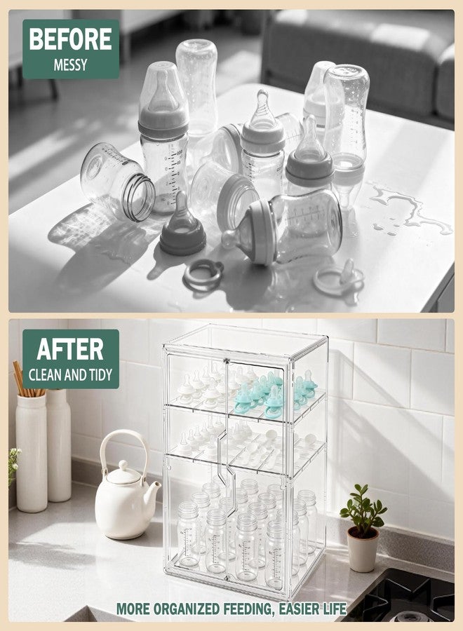 RISICULIS Baby Bottle Organizer, 3-Tier Bottle Storage for Countertop with Double Magnetic Doors, Clear Plastic Bottle Station Organizer with 2 Adjustable Dividers for Kitchen, Bathroom, Cabinet, Vanity - Image 3