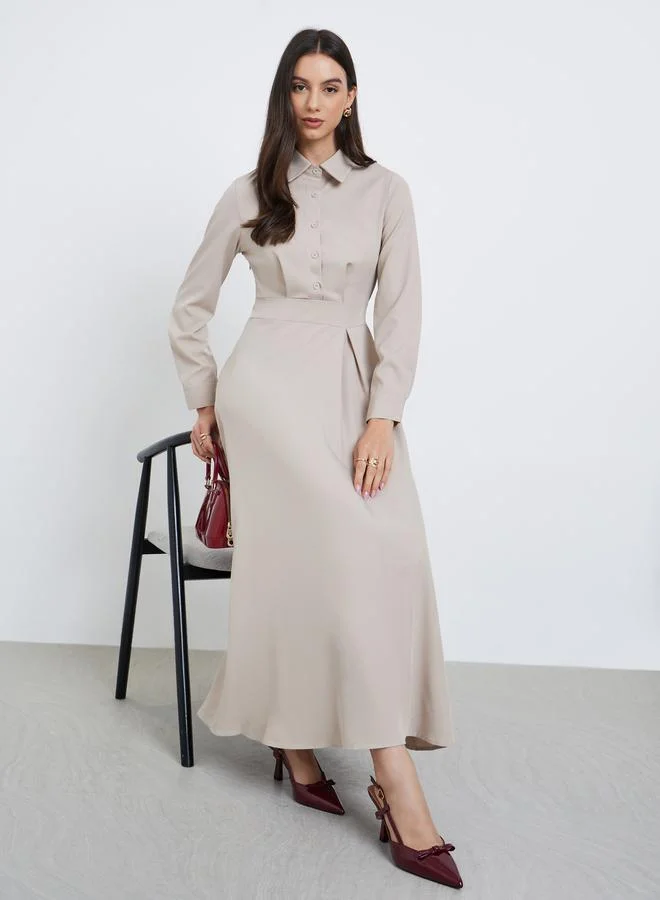 Styli Beige Shirt A-Line Midi Dress