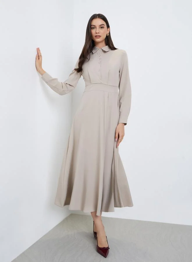 Styli Beige Shirt A-Line Midi Dress