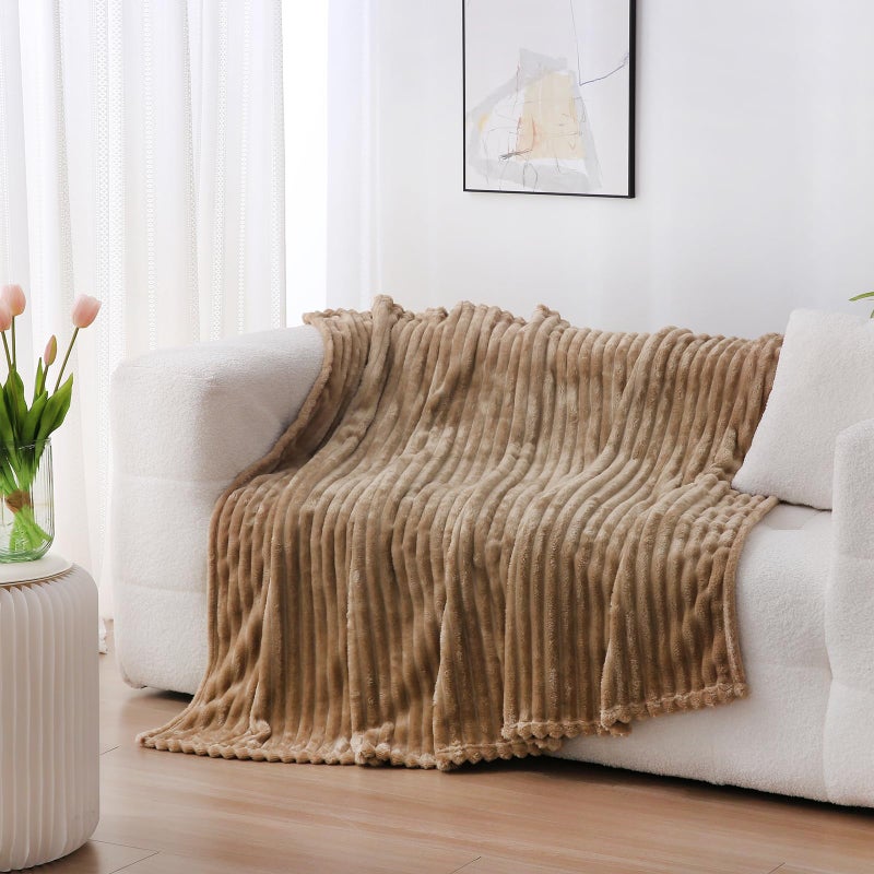 Linecooo Tan Fleece Throw Blanket 50  60  for Couch Sofa Bed Super Soft Cozy Plush Microfiber Flannel Blanket with Stripes Design Lightweight for Adults Woman Girls - Image 4