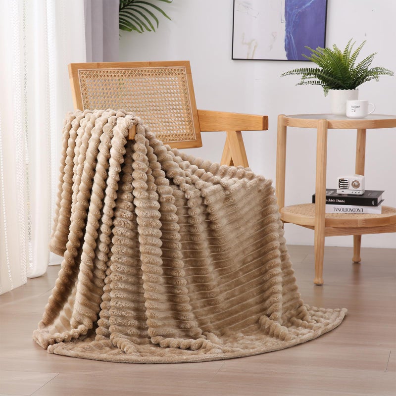 Linecooo Tan Fleece Throw Blanket 50  60  for Couch Sofa Bed Super Soft Cozy Plush Microfiber Flannel Blanket with Stripes Design Lightweight for Adults Woman Girls - Image 1