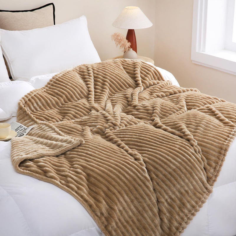 Linecooo Tan Fleece Throw Blanket 50  60  for Couch Sofa Bed Super Soft Cozy Plush Microfiber Flannel Blanket with Stripes Design Lightweight for Adults Woman Girls - Image 2