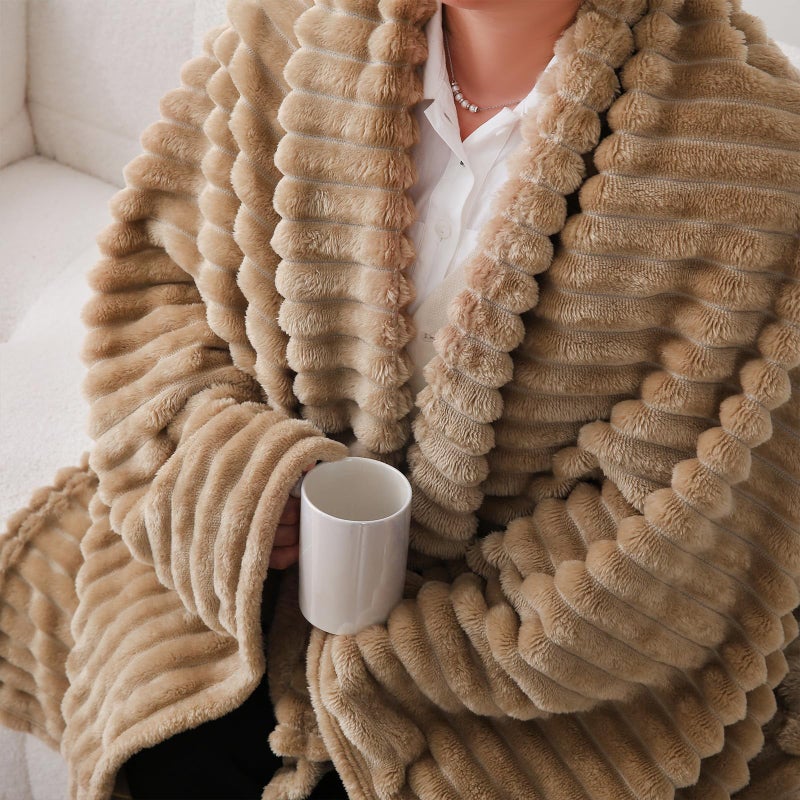 Linecooo Tan Fleece Throw Blanket 50  60  for Couch Sofa Bed Super Soft Cozy Plush Microfiber Flannel Blanket with Stripes Design Lightweight for Adults Woman Girls - Image 5