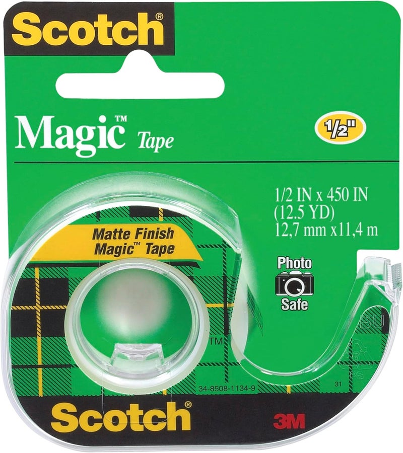 Scotch Magic Tape on a Dispenser, 1/2 x 450 in (12mm x 11.43m) - Invisible, Removable Sticky Tape for Document Repair and Labelling