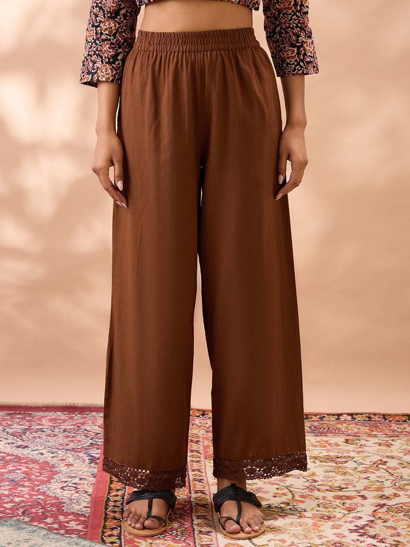 globus Women Brown Solid High Rise Lace Detail Hem Straight Fit Wide Leg Ethnic Pants - Image 2