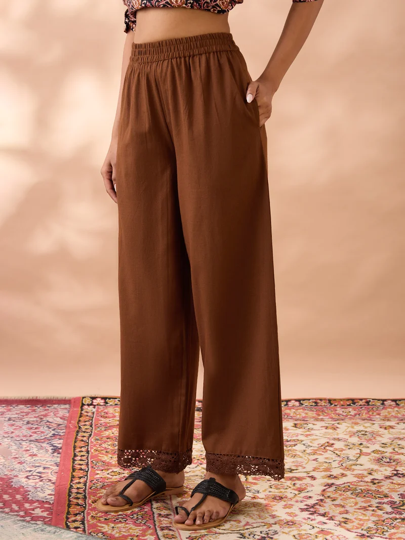 globus Women Brown Solid High Rise Lace Detail Hem Straight Fit Wide Leg Ethnic Pants
