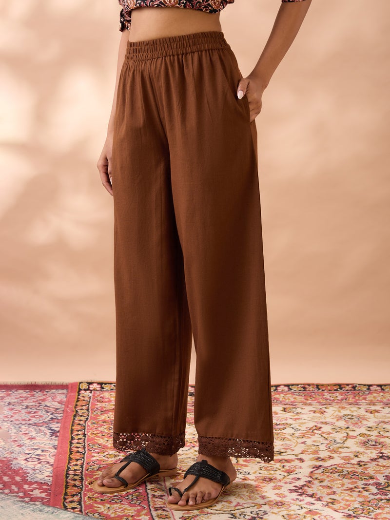 globus Women Brown Solid High Rise Lace Detail Hem Straight Fit Wide Leg Ethnic Pants - Image 4