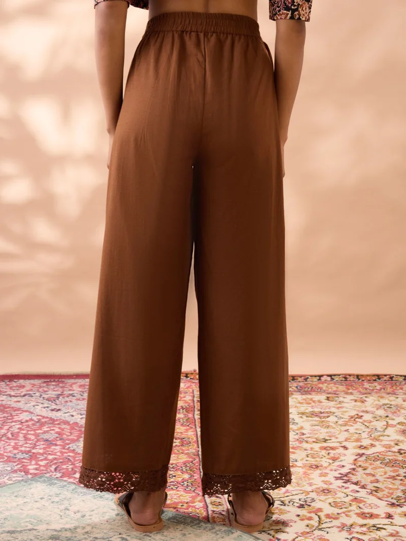 globus Women Brown Solid High Rise Lace Detail Hem Straight Fit Wide Leg Ethnic Pants