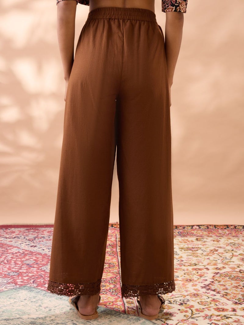 globus Women Brown Solid High Rise Lace Detail Hem Straight Fit Wide Leg Ethnic Pants - Image 5