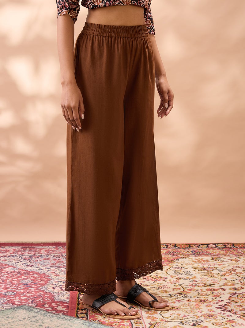 globus Women Brown Solid High Rise Lace Detail Hem Straight Fit Wide Leg Ethnic Pants - Image 3