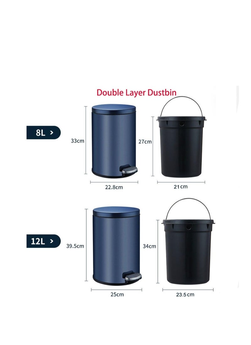 Generic Stainless Steel Double Layer Dustbin with Pedal and Lid For Bathroom Kitchen,Silent Lidded Trash Bin,Fingerprint-Proof Modern Garbage Can,Round Bucket with Handle for Home Office (White, 12L)  - Image 3