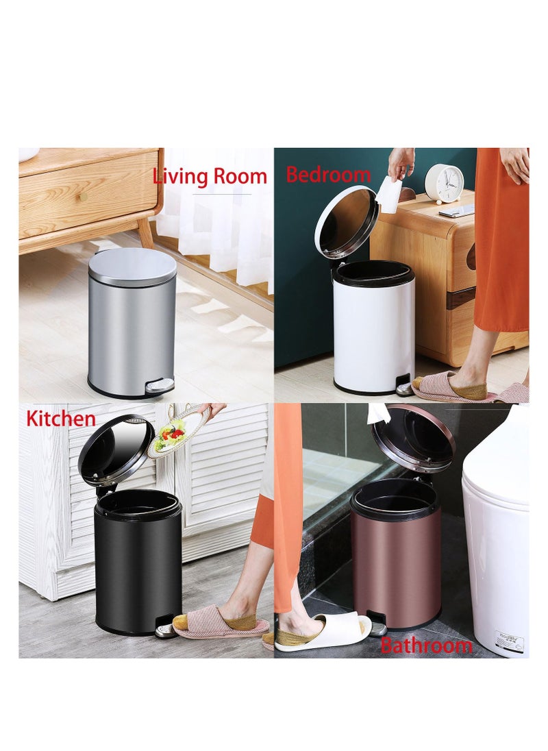 Stainless Steel Double Layer Dustbin with Pedal and Lid For Bathroom Kitchen,Silent Lidded Trash Bin,Fingerprint-Proof Modern Garbage Can,Round Bucket with Handle for Home Office (White, 12L)
