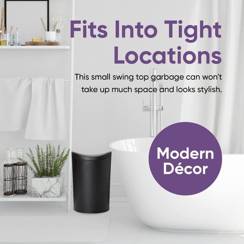 Superio Small Bathroom Trash Can with Lid, Modern Matte Black Mini Waste Bin with Swing Lid (1 1/2 Gallon, 6 Liter) Plastic Garbage Can for Kitchen, Bathroom, Bedroom, Office, Under Desk (2, Black) - Image 3