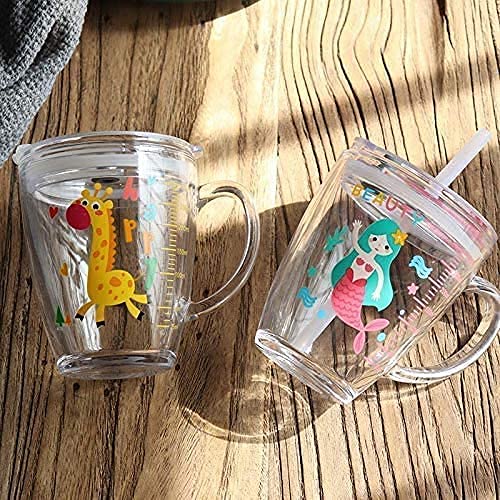KriVat Random Design Printed Glass Juice 350 ml Pack of 2 Thick Shake Cup Milk Measuring Drinking with Handle and Clear Lid with Scale Silicon Straw for Multiple Usage Cartoon Random Design - Image 4