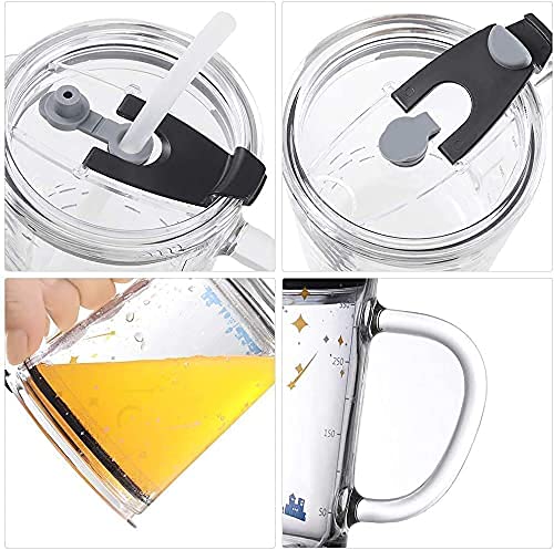 KriVat Random Design Printed Glass Juice 350 ml Pack of 2 Thick Shake Cup Milk Measuring Drinking with Handle and Clear Lid with Scale Silicon Straw for Multiple Usage Cartoon Random Design - Image 5