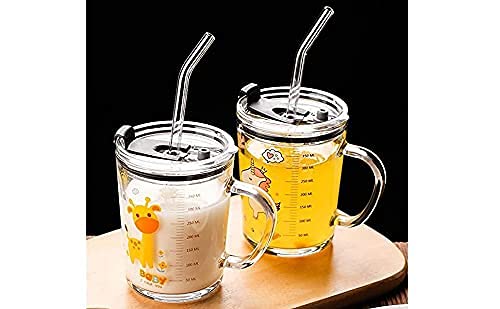 KriVat Random Design Printed Glass Juice 350 ml Pack of 2 Thick Shake Cup Milk Measuring Drinking with Handle and Clear Lid with Scale Silicon Straw for Multiple Usage Cartoon Random Design - Image 3