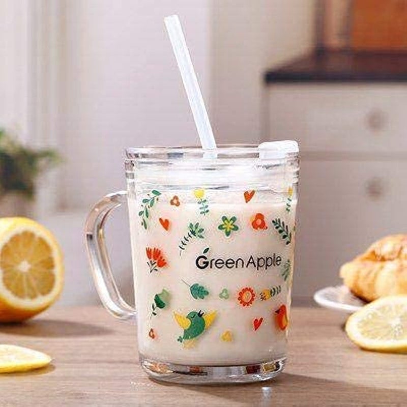 KriVat Random Design Printed Glass Juice 350 ml Pack of 2 Thick Shake Cup Milk Measuring Drinking with Handle and Clear Lid with Scale Silicon Straw for Multiple Usage Cartoon Random Design - Image 1