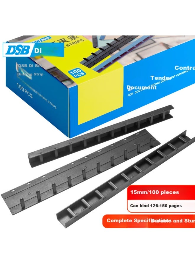 دي اس بي Dsb شريط تجليد 10 فتحات، أسود، A4، 15 ملم، يجلد حتى 150 صفحة، مستلزمات مكتبية لتجليد العقود والمستندات، أشرطة تجليد بلاستيكية لماكينة التثقيب، 100 شريط/علبة - Image 1