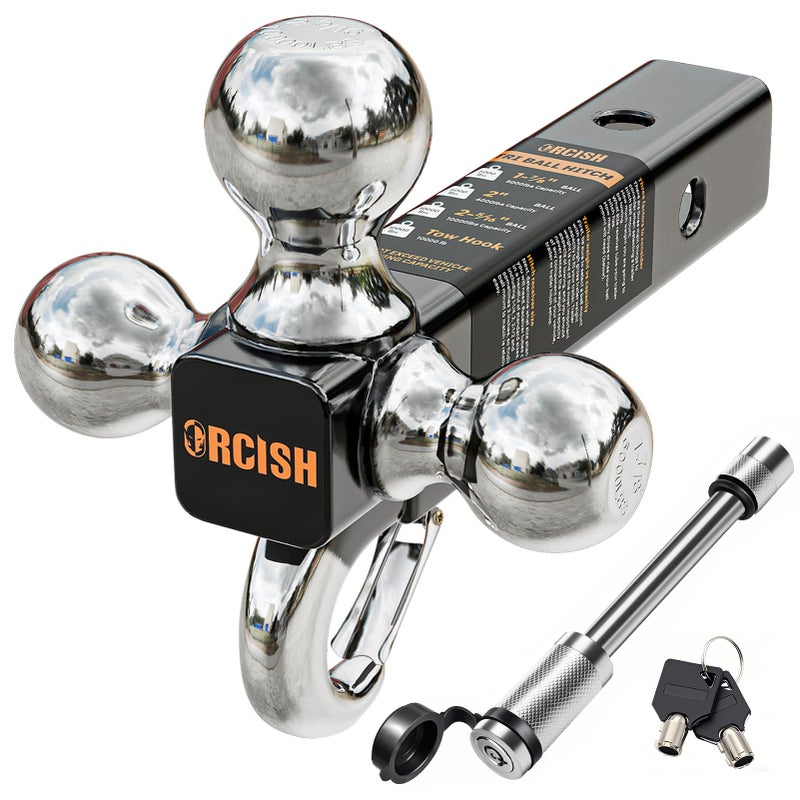 ORCISH Trailer Hitch TriBall Mount with Hook Contain Secure SelfLock Latch Trailer Ball Size 178 2 and 2516 Fit 2 Inch Hitch Receiver Truck Tow Hitch with Double AntiTheft Pins Locks